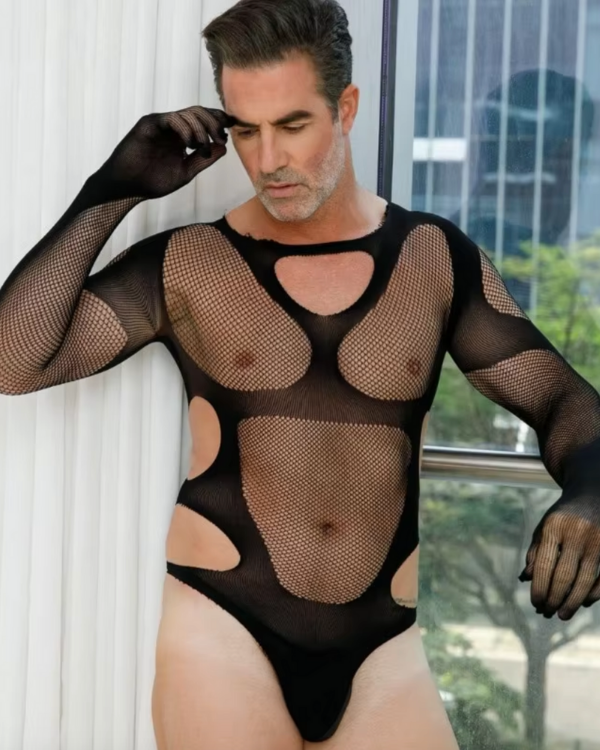 Männer Netz Cut-Outs Overall mit langen Ärmeln - Erotischer, Fetisch Herren Look 