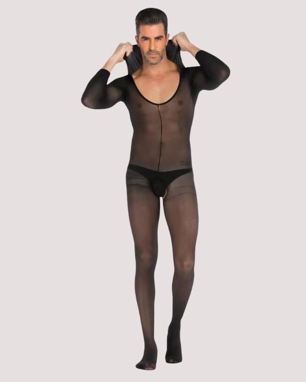 eng anliegender Herren Overall, Jumpsuit mit Kapuze - Mesh Overall transparent in schwarz 