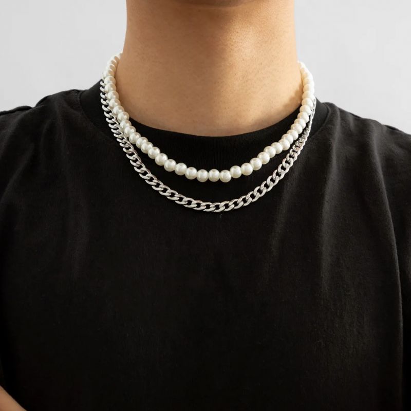 Herren Halsketten Set aus weissen Kunstperlen und Gliederkette in silver dazu - trendiger Herren Modeschmuck