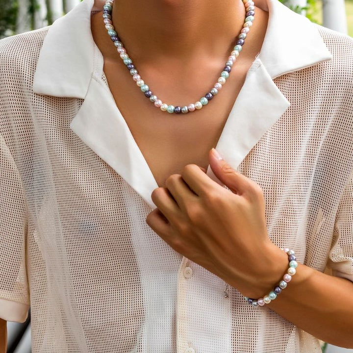 Herren Modeschmuck Kunstperlen Halskette aus farbigen Perlen gemischt 