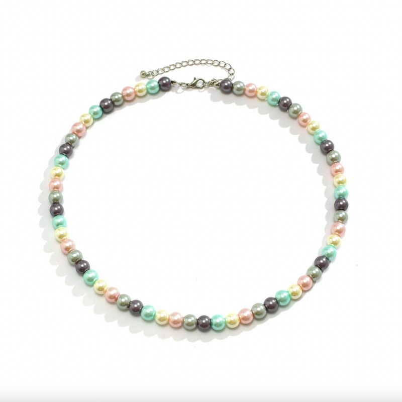 Perlenkette Halskette aus Kunstperlen und farbigen Perlen in Rosa und Grün Tönen 