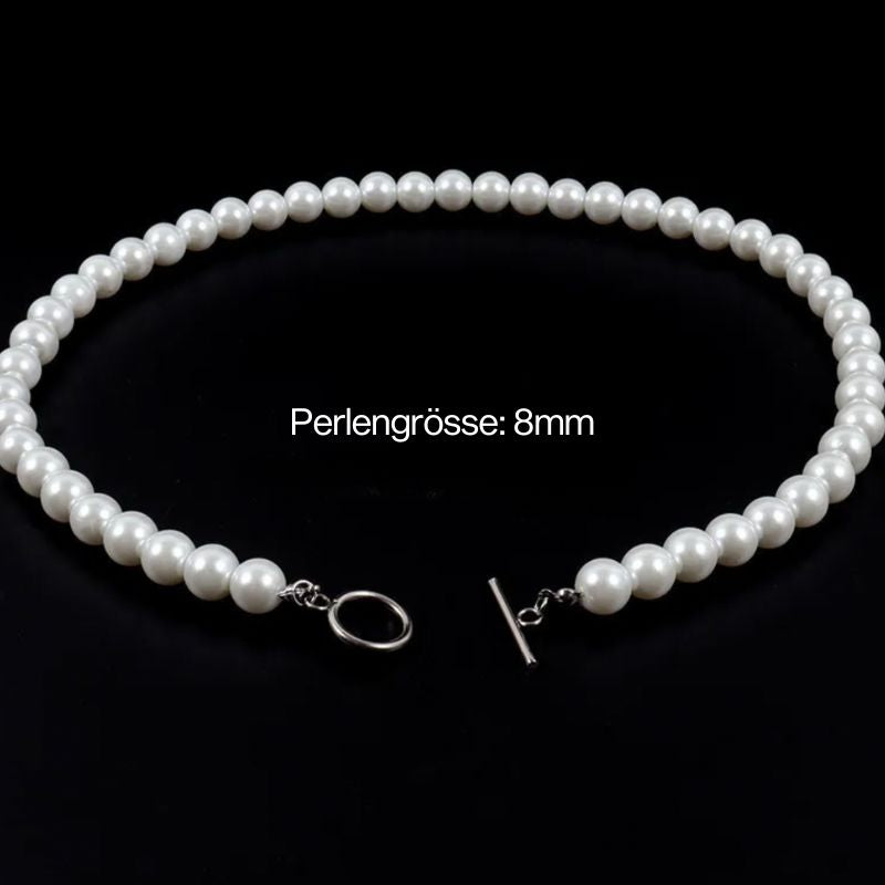 Weisse Kunstperlen Halskette für Männer - Perlenkette mit T-Verschluss 