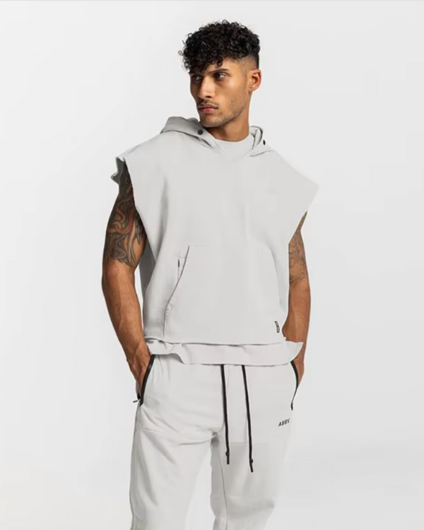 Hoodie ohne Ärmel in Hellgrau für Männer – Fitness Look