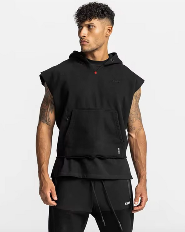 Ärmelloser schwarzer Hoodie für Herren mit Kapuze - Stylischer Männer Pullunder mit Kapuze