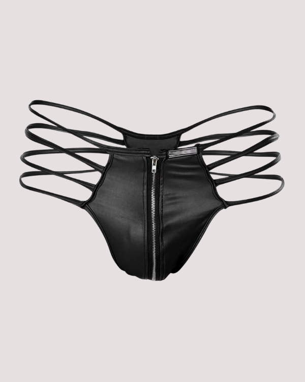 schwarze Herren Unterwäsche mit Bondage Bändern auf der Seite und Reissverschluss vorne - Kinky Gay Style Reizwäsche
