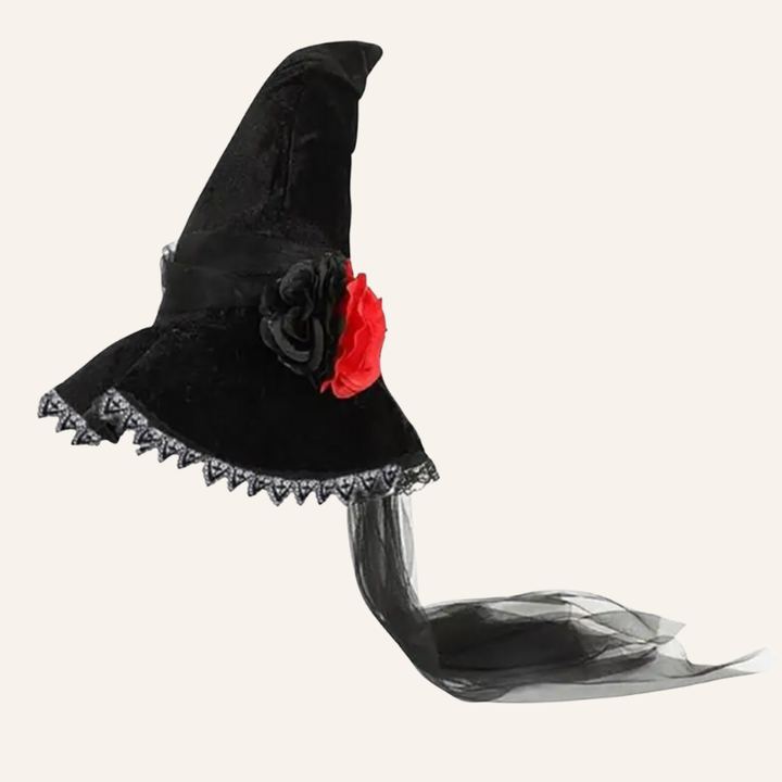Schwarzer Hexenhut mit Schleier und Rosen | Halloween Accessoire