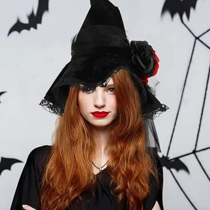 Halloween Hexenhut schwarz mit Rosen und Schleier
