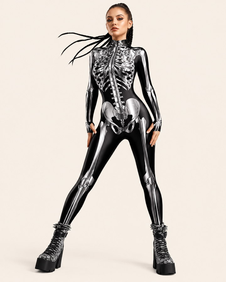 Damen Skelett Jumpsuit X-Ray Goddess in Schwarz mit silbernem Knochenprint