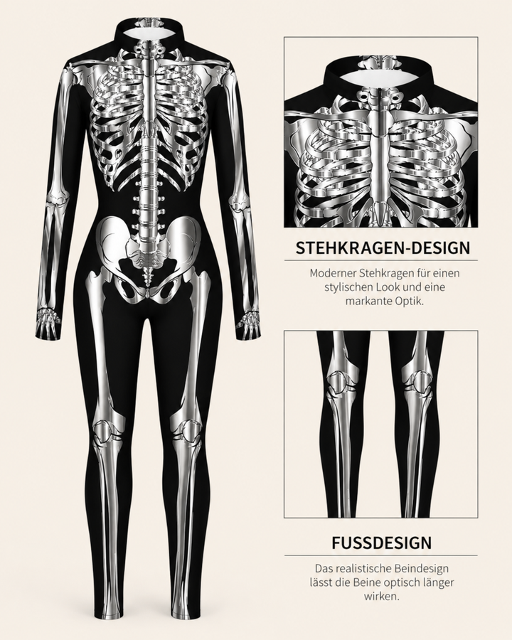 Schwarzer Damen Ganzkörperanzug mit silberfarbenem Röntgen-Knochenprint