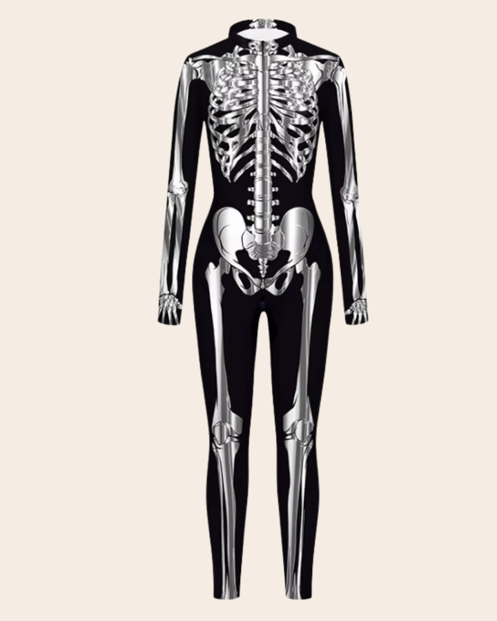 Detailansicht des silberfarbenen Knochenprints auf dem Halloween Jumpsuit