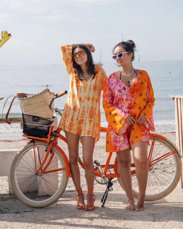 Viskose Boho Jumpsuit Overall in Batik Tie Dye Look - Oranger frischer modernen Jumpsuit 