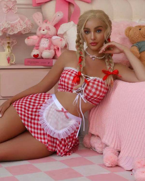 Sexy Maid Lingerie Damen Karo Set in rot-weiss - Heisses Putz Mädchen