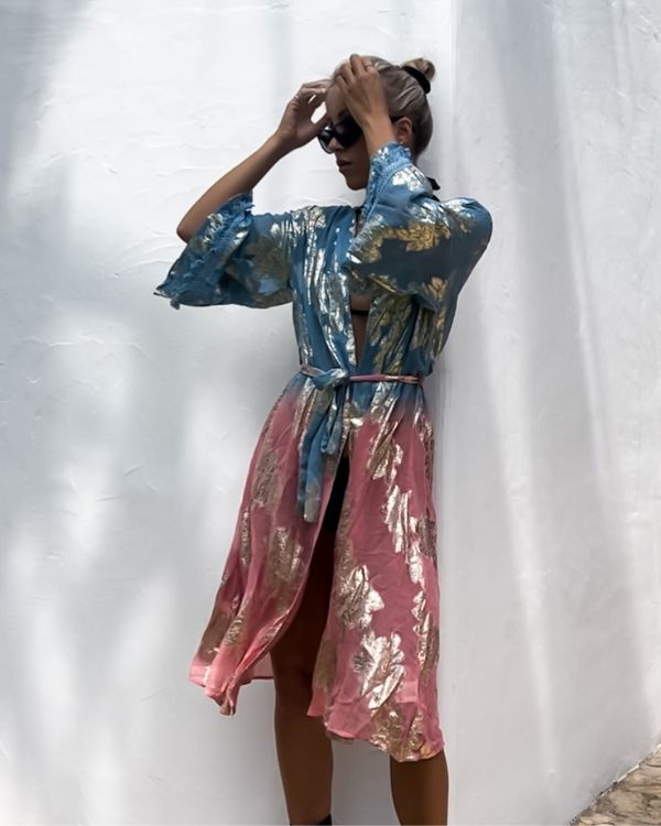 Stilvoller Kimono in Hellgrün-Rosa mit goldenen Stickereien - Festival Boho Kimono 