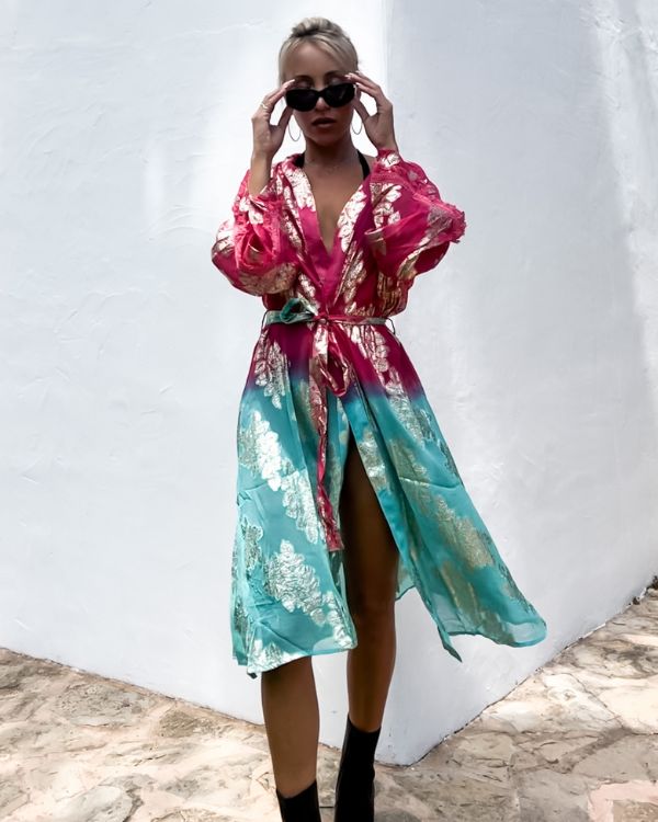 Festival Boho Look Kimono mit Gurt zum binden - Rot Blauer Farbverlauf mit goldenen Details 