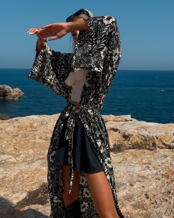 schwarzer Kimono mit weissen Blumenmuster - Chicer Festival Boho Kimono 