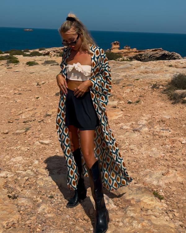 Langer Bohemian Kimono mit geometrischen Mustern 