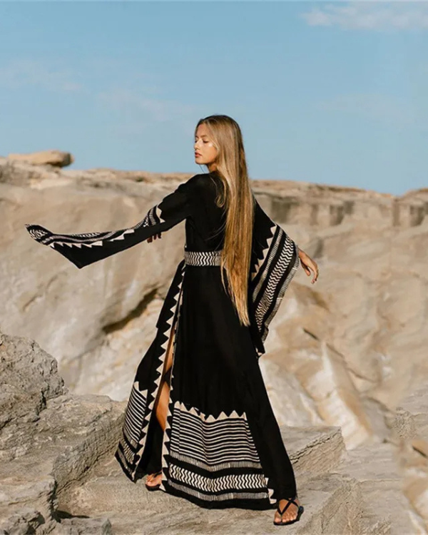 Maxi-Kimono Damen Boho Schwarz - Boho Chic Damen Kimono in lang 