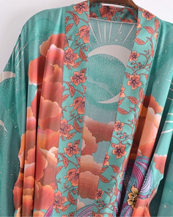 Trendiger Kimono in Türkis-Orange mit mondähnlichen Symbolen und Taillengurt - Boho Festival Fashion