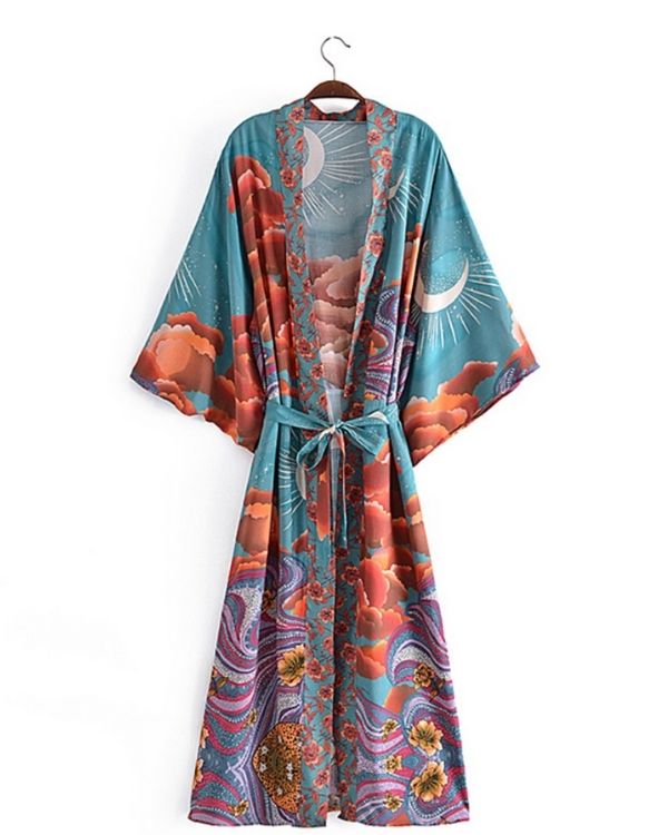 Stilvoller Boho-Kimono in türkisfarbenem Stoff mit einem Hauch von Orange und Violett