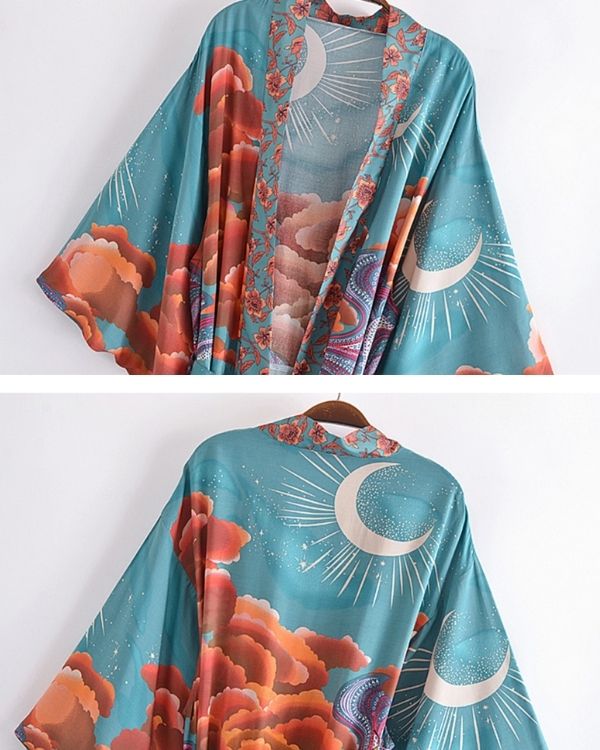 Türkiser Kimono mit kraftvollem Orange-Violett-Muster für den perfekten Boho-Auftritt