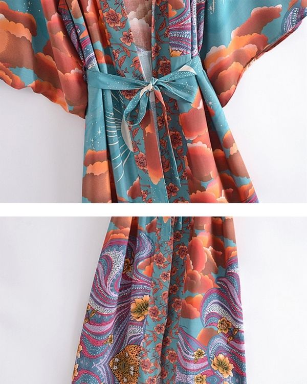 Eleganter Boho-Kimono in Türkis mit erfrischendem Orange-Violett-Muster