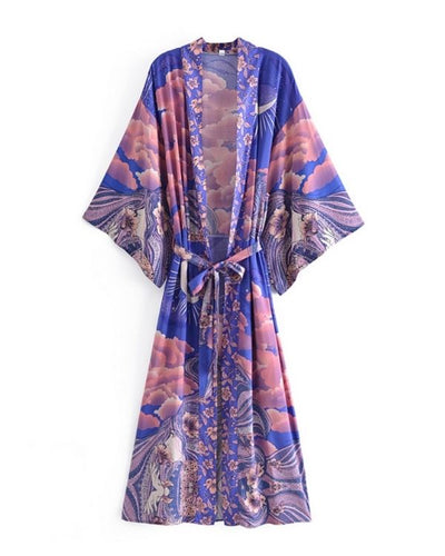 Boho Kimono in schönen Blau-Violett Tönen mit weiten Ärmeln und Taillengurt - Mond Himmel Symbole 