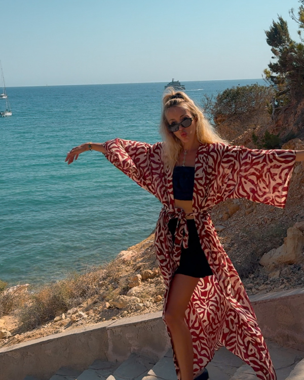 langer Unisex Baumwolle Kimono mit rotem Muster 