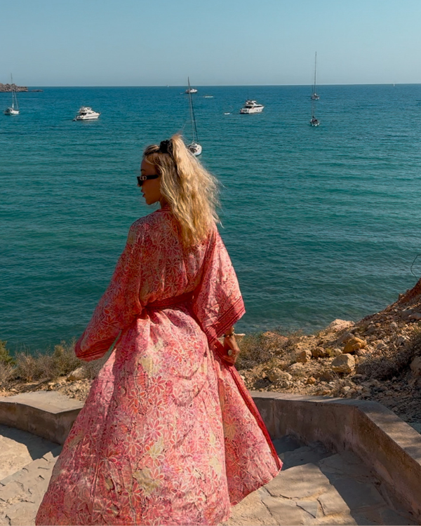 langer Kimono mit Blumen Prints in orange-pink 
