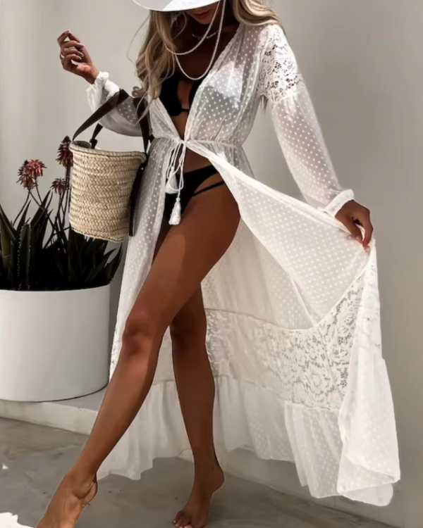 Weisser Damen Kimono mit Punkten & Spitze