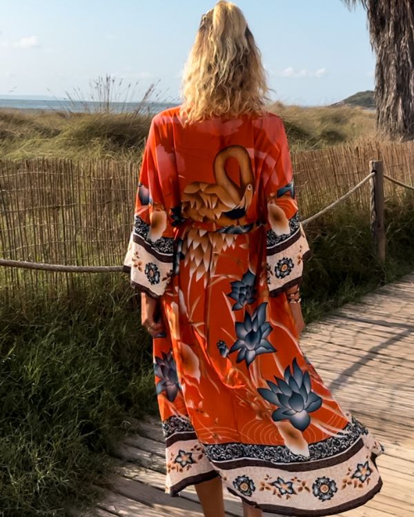 langer Kimono in orange mit Flamingo Motiv