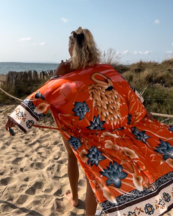 langer Boho Kimono mit Flamingo und Blumen Motiv 