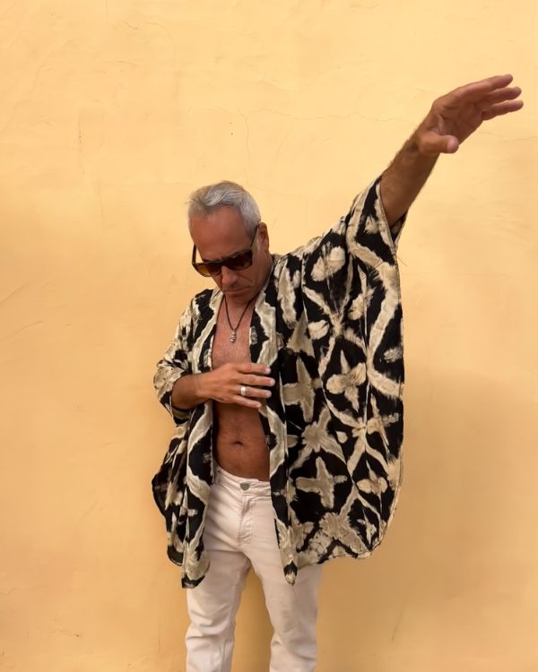 Boho Batik Tie Dye Kimono in schwarz beige - Herren Damen Bohemian Hippie Kimono Cape 