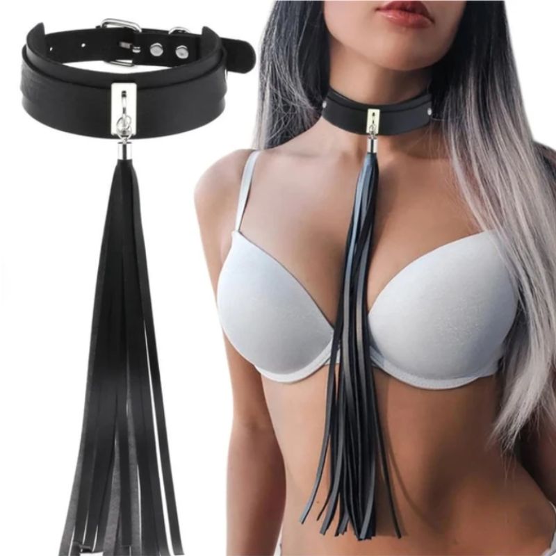 erotische Choker Halsband mit langer Fransen Peitsche am Hals 