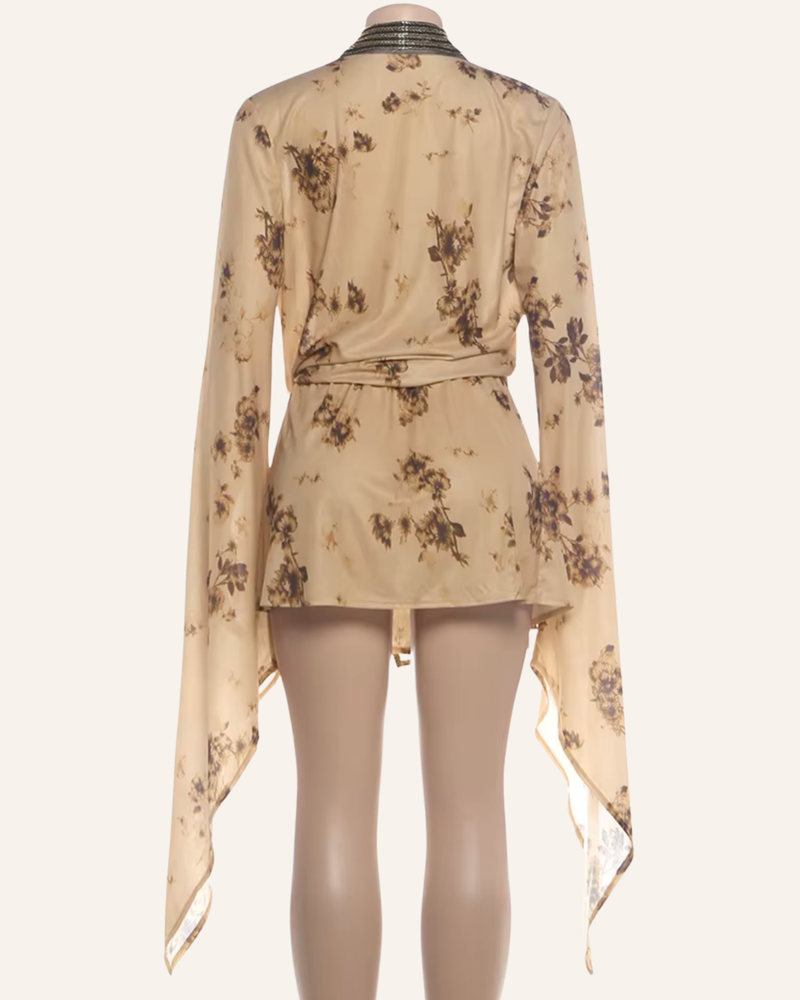 Florales Damen-Wickelkleid mit weiten Fledermausärmeln