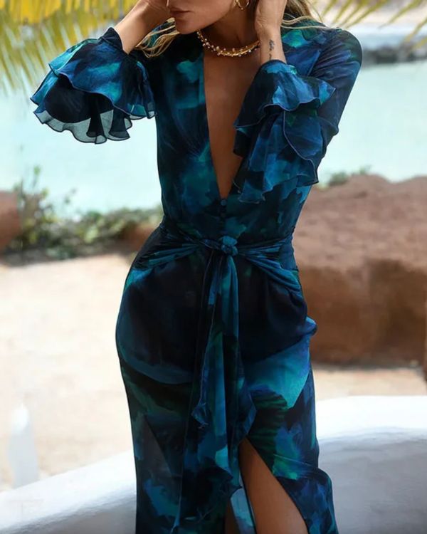 Eleganter blauer Maxi Kimono Kleid mit transparentem Design und Taillenbindung - Floral Ruffle Kleid 