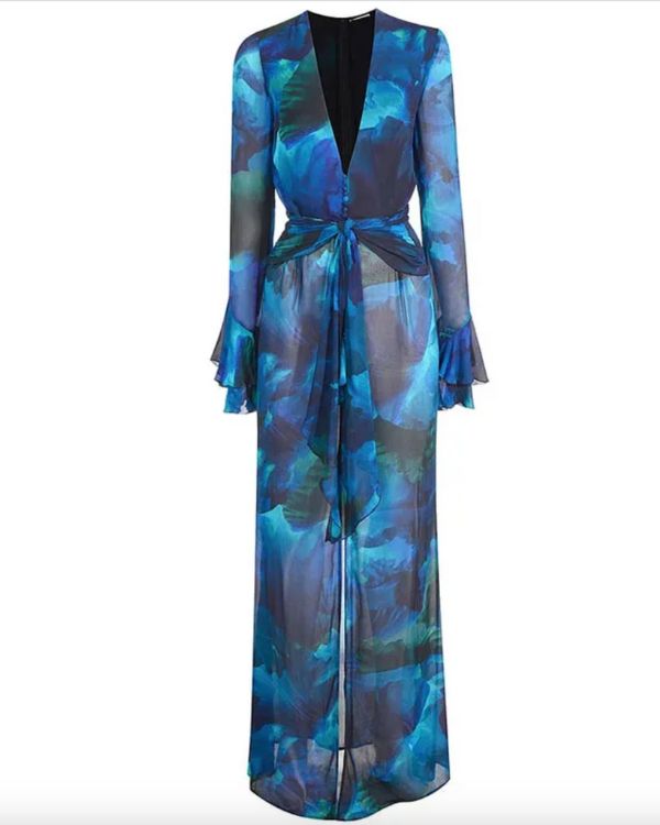 langes blaues Kimono Kleid mit V-Ausschnitt und Knöpfen 