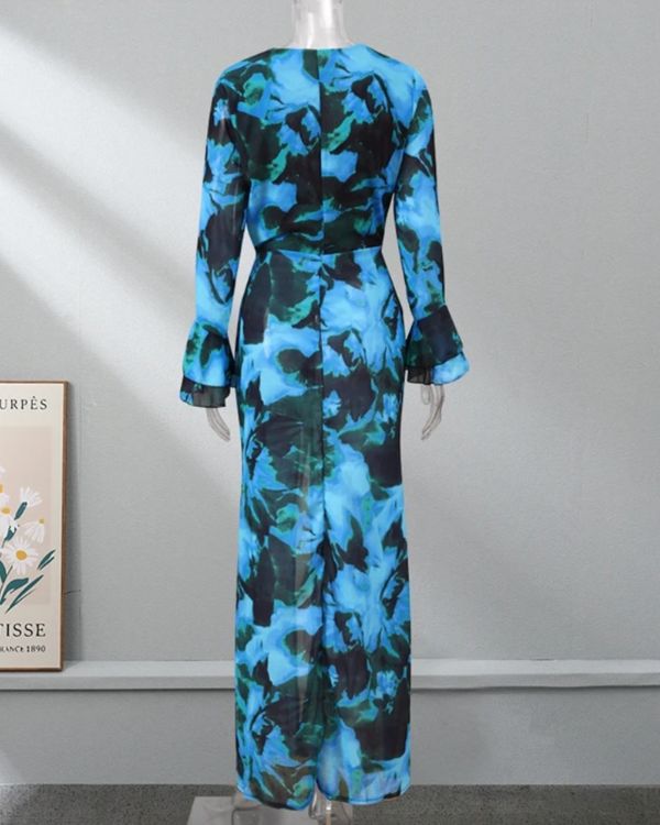 Blau grüner Floral Kimono Kleid Bodenlang - Elegantes verzaubertes Kleid für jeden Anlass 