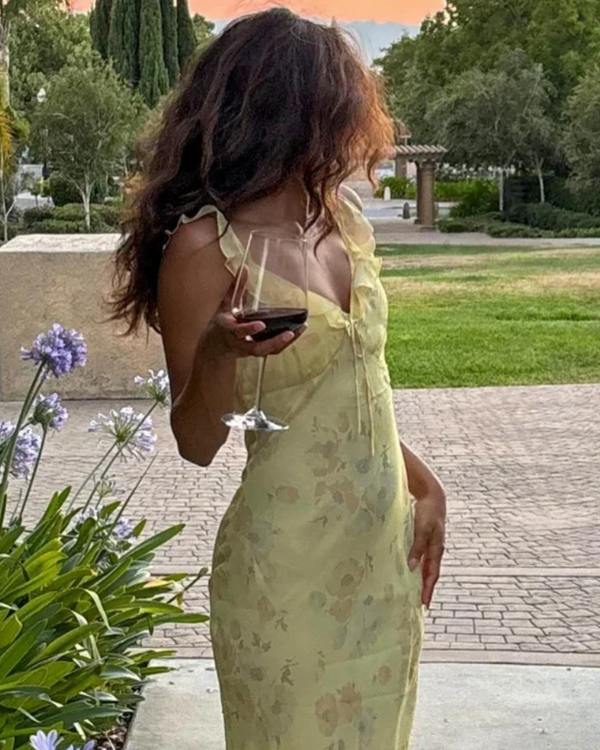 Romantisches Damenkleid für warme Tage - Gelbes langes chices Sommerkleid 