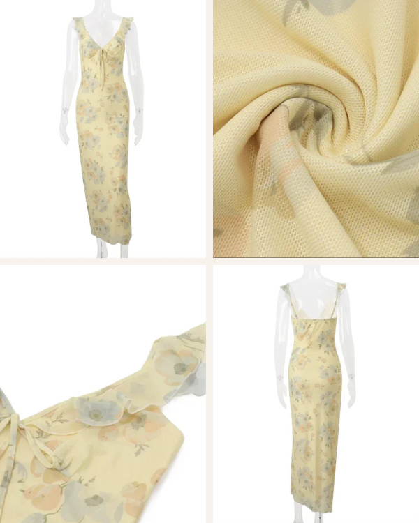 Pastellgelbes Kleid mit floralen Mustern