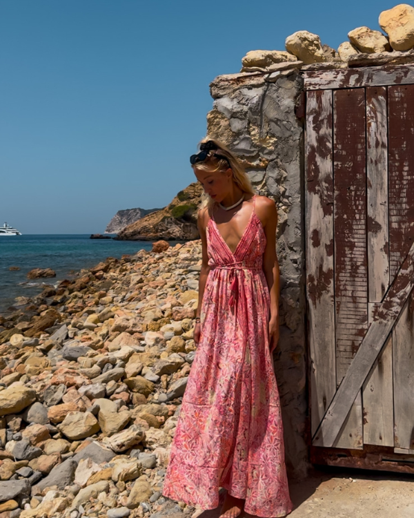 Boho Chic Maxikleid mit rosa-pinkem Blumenmuster 