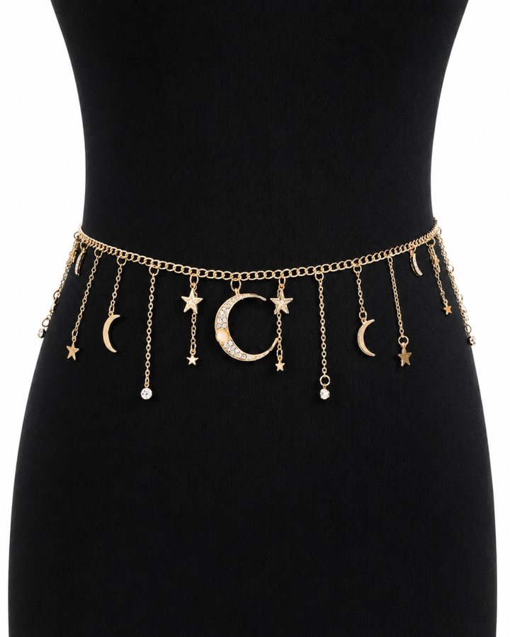 Taillenkette mit Stern und Mond Anhängern | Körperschmuck