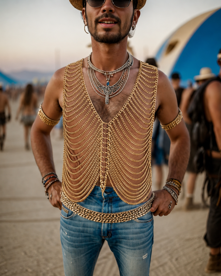 Festival Körperschmuck Mann gold | Luxuriöser Festival Harness Herren