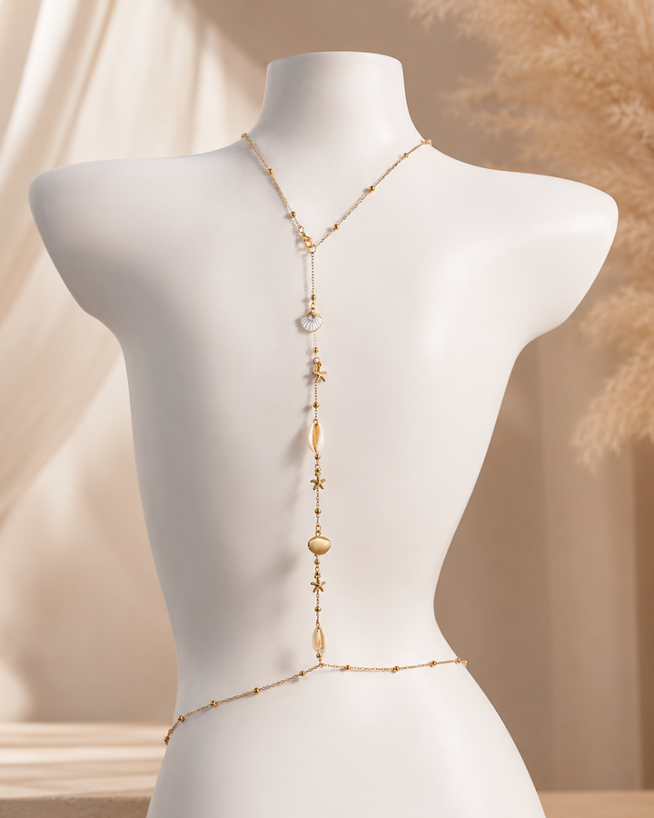 Goldfarbene Body Chain für rückenfreie Kleider und Bikinis