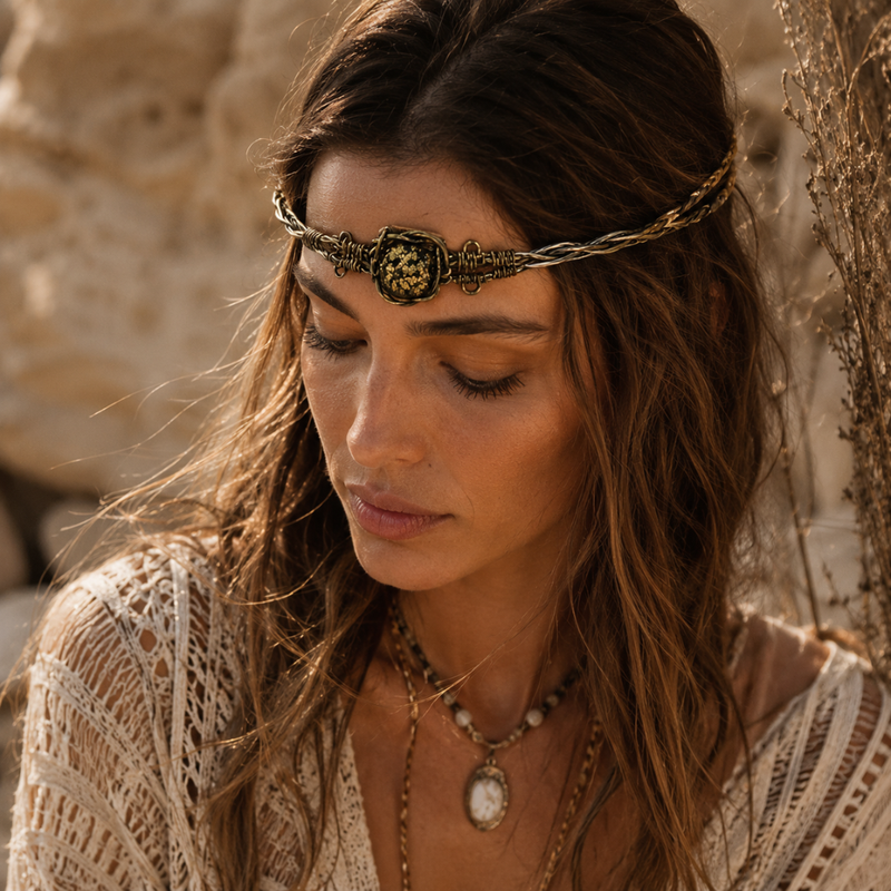 Boho Headpiece AYANA mit Obsidian und goldenen Details für Damen | Hochwertiger Designer Kopfschmuck