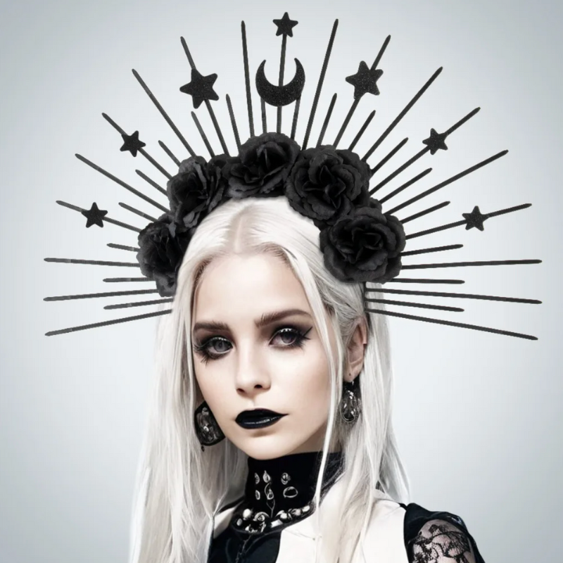 Gothic Headpiece Reina Oscura mit Rosen und Mondsichel | Halloween Kopfbedeckung 