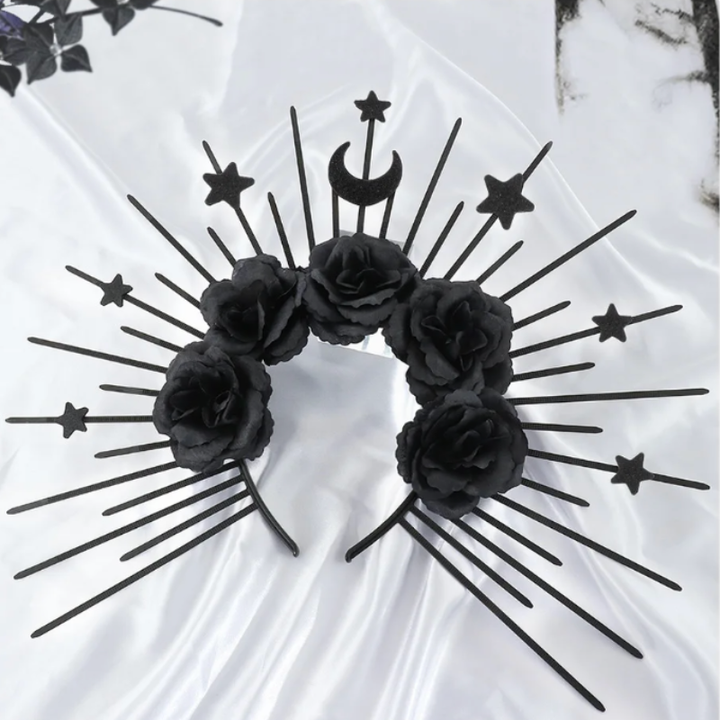Halloween Accessoire Strahlenkrone schwarz Damen | Haarreifen mit schwarzen Rosen und Sternen und Mond Symbol 