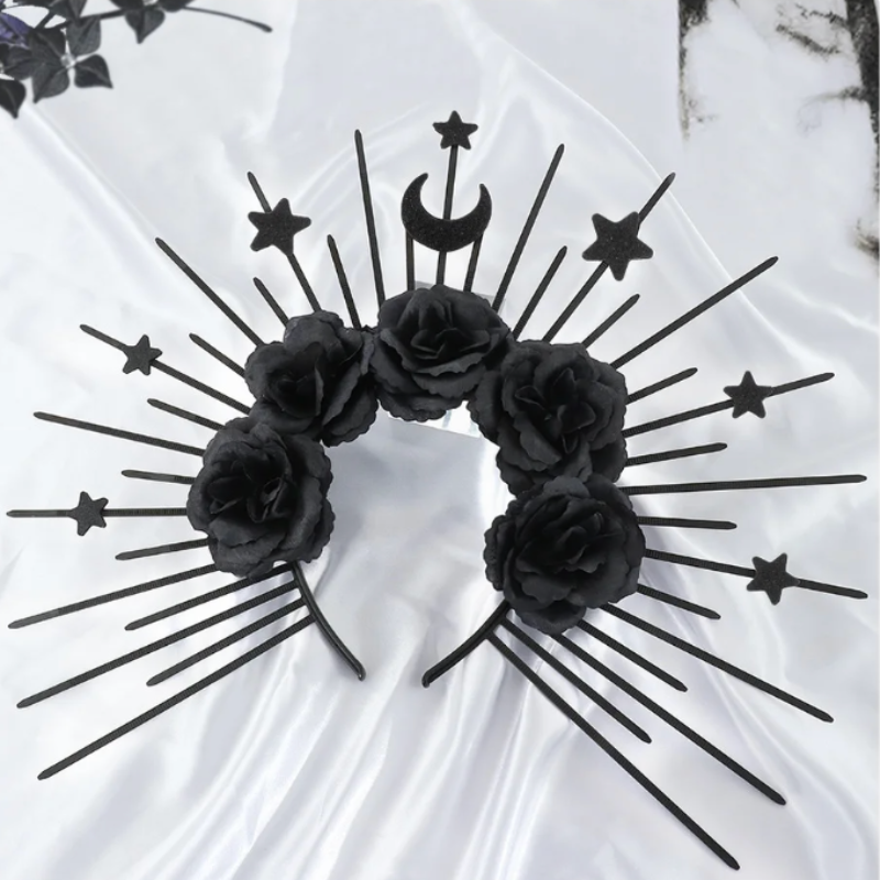 Halloween Accessoire Strahlenkrone schwarz Damen | Haarreifen mit schwarzen Rosen und Sternen und Mond Symbol 