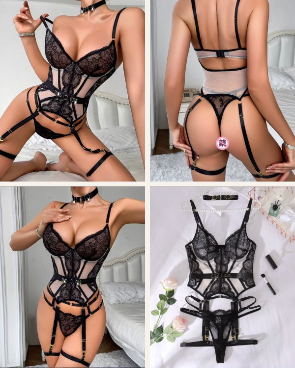 Luxus Reizwäsche schwarz | Erotisch und heisses Corsage Dessous Set 