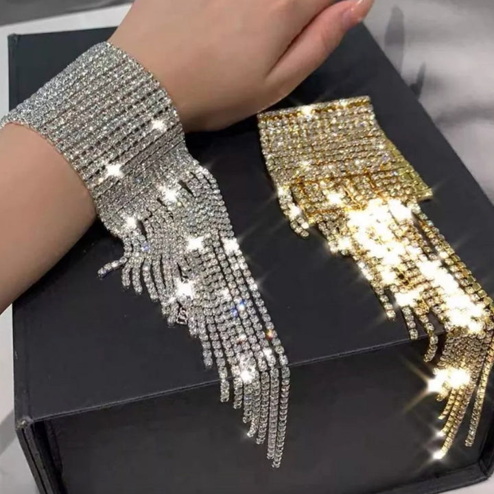 Kristall Armband aus Strassteinen mit Fransen ais Glitzer Kristallsteinen in gold und silber