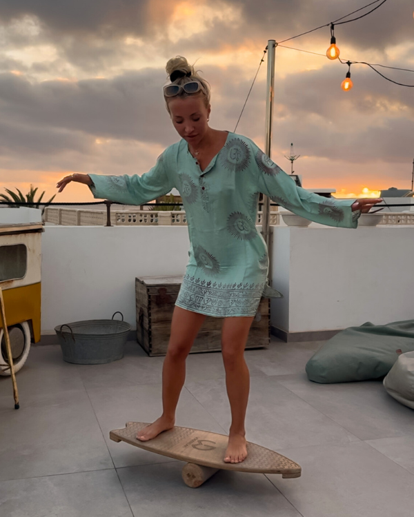 Tunika im Hippie Stil mit indischen Symbolen - Türkis Kurta Shirt 